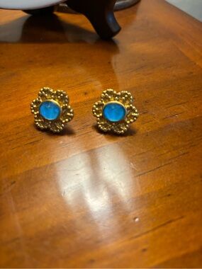 Julie Vos Gold Flower Stud Earrings with Blue Cabochon Centers